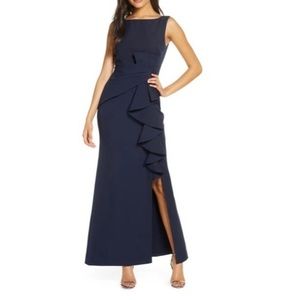 Eliza J Nordstrom Ruffle Front Gown Womens Size 8 Navy Blue Sleeveless